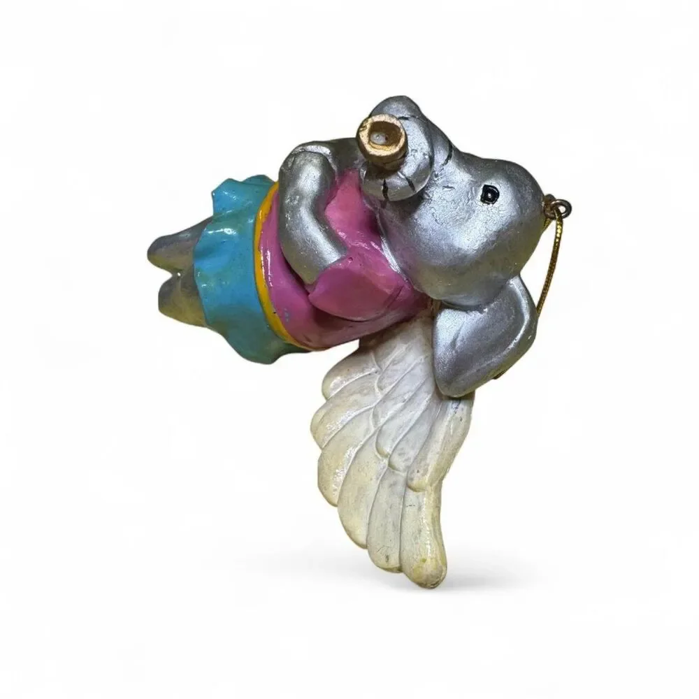Vtg Elephant Ornament with Angel Wings Blue & Pink Outfit Fair Condition